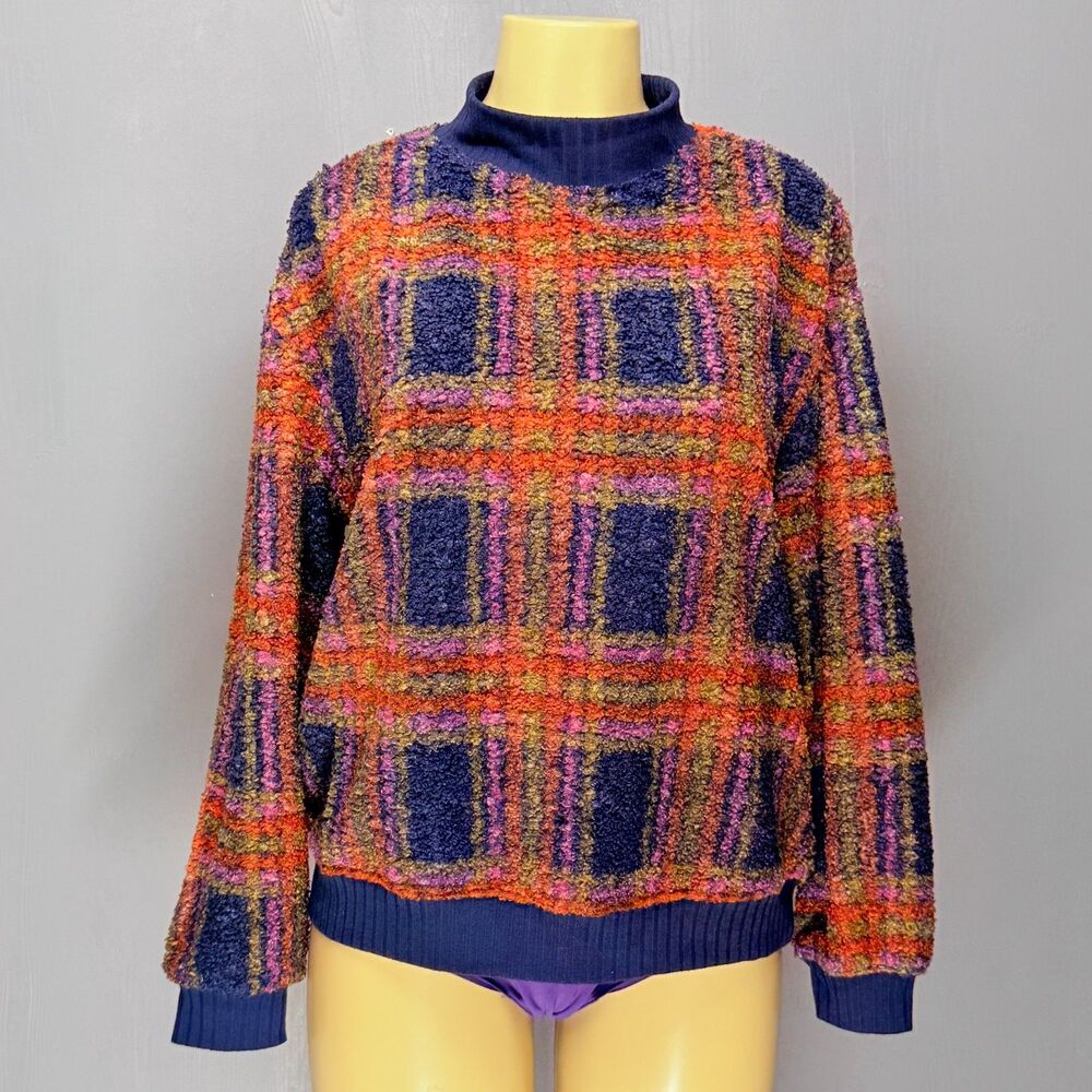 beachlunchlounge Textured Plaid Sweater | Fuzzy Colorblock Pullover | Size L
